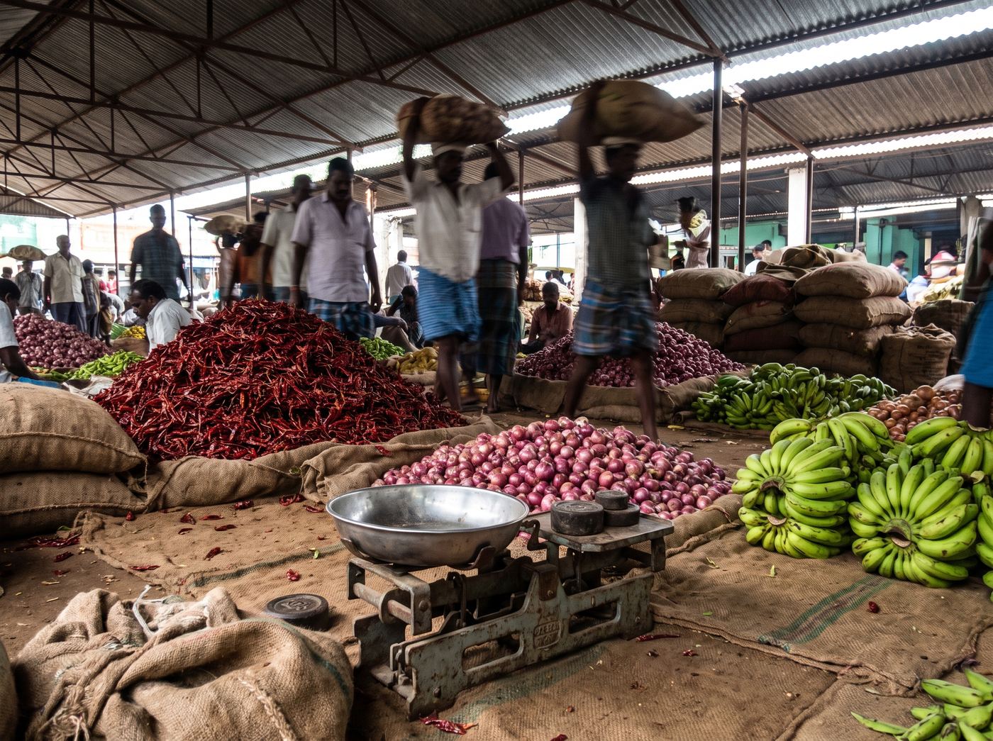 Heaps of dried red chillies and onions at a wholesale market